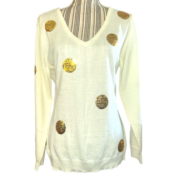 New York & Company Women’s V-Neck Sweater, Gold Sequins Polka Dot & Cream, Sz L - Picture 4 of 8